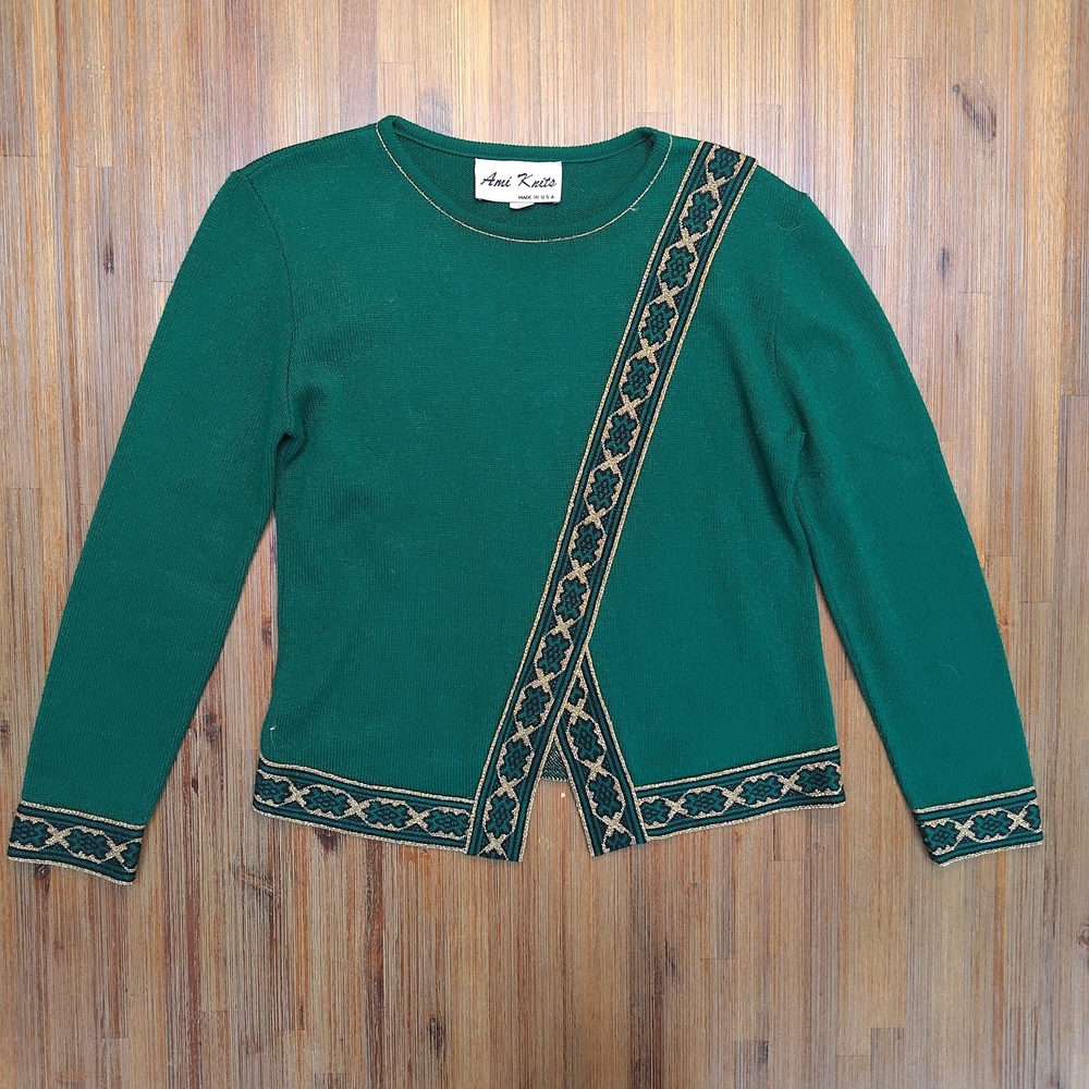 Vintage 70s 80s Ami Knits Sweater Womens Size 8 Green Made In The USA